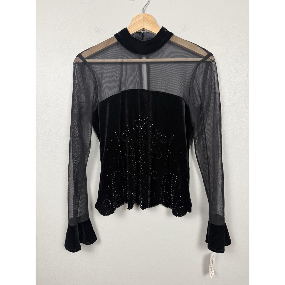 NWT Vintage Black Velvet Beaded Top Sheer Mesh Flare Sleeve Whimsigoth 80s 90s